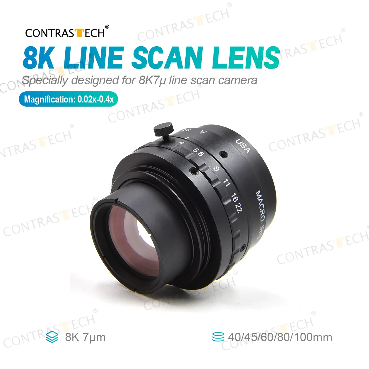 

8K 7μ высокие пиксели 40 мм 80 мм 100 мм 0,05X-0,2X промышленный объектив M72/V с креплением для линейного сканирования для камер зрения Contrastech