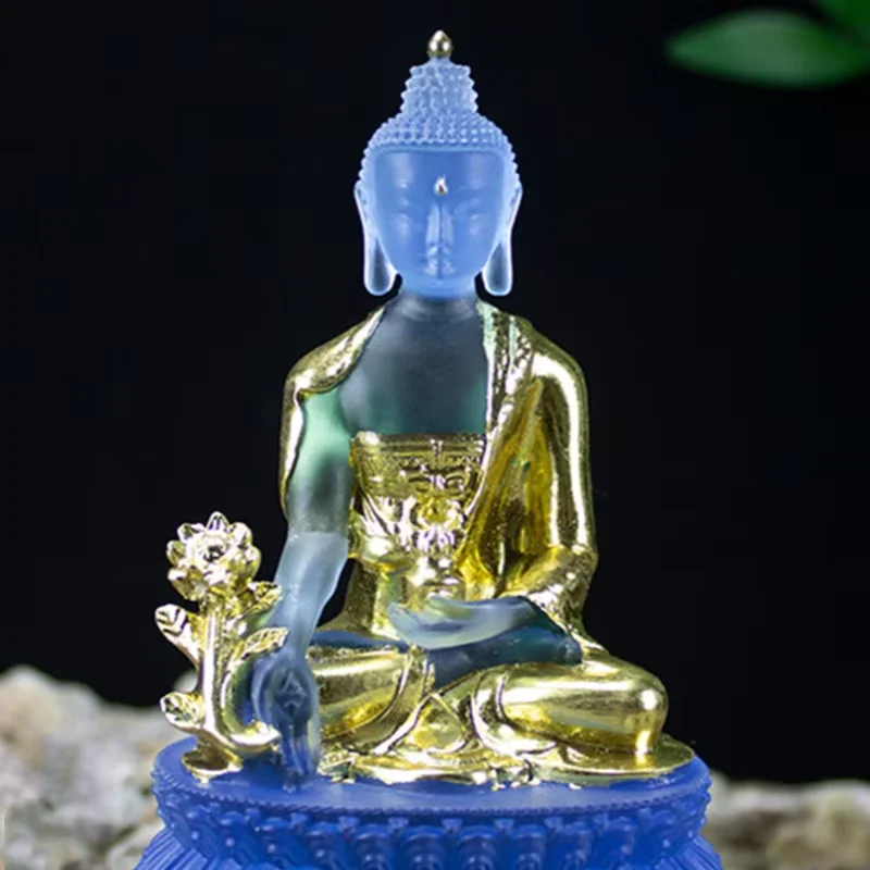 Water Glass Medicine Buddha Statue - Gold Foil Resin Buddha Figurine Craft Ornament