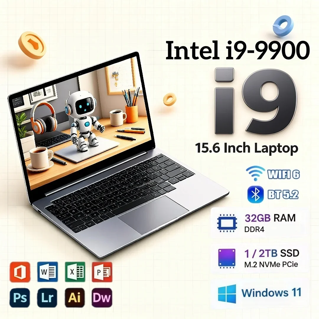 Intel i9-9900 15.6 Inch 2026 Fast Office Study Laptop 16GB/32GB RAM Windows11 Portable Laptop 1/2TB BIG SSD