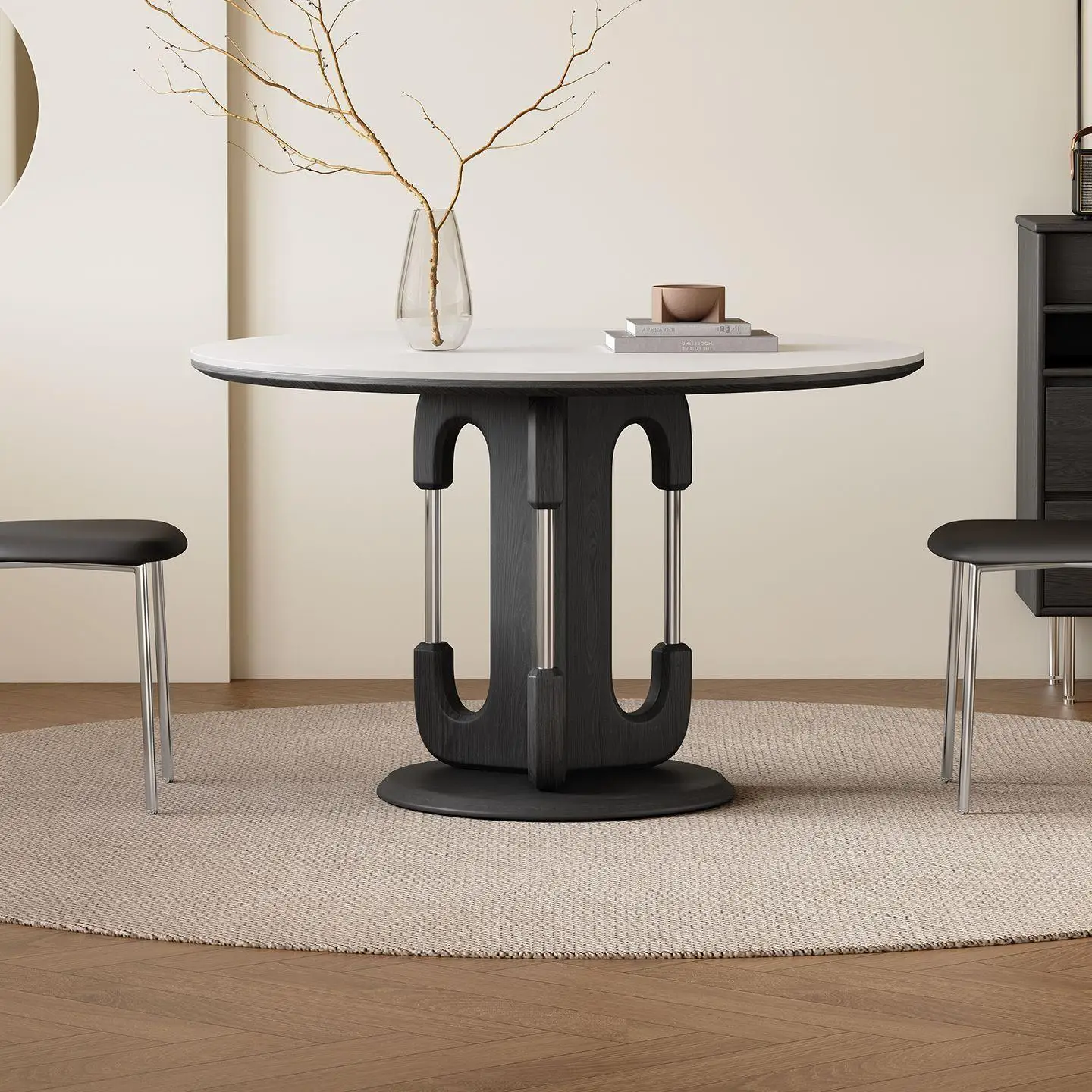 

Solid wood dining table round table turntable retractable household round modern French simple small apartment
