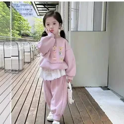 Children Set Simple 2024 Girl Autumn Korean Baby Cartoon Motion Suit Sweater Sweatpants Causal Kindergarten Hollow Out