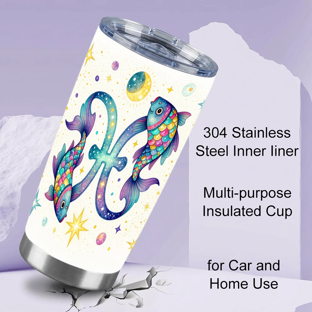 Copo Térmico Isolado de Aço Inoxidável 304 com Design de Peixe do Zodíaco Peixes - Caneca de Viagem a Vácuo de 20oz com Tampa, Copo Térmico para Carro e Casa