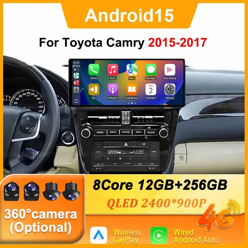 

Android15 Автомобильный радиоприемник Мультимедийный беспроводной CarPlay 12,3-дюймовый экран для Toyota Camry 2015-2017 4G Мультимедийный плеер Стерео головное устройство