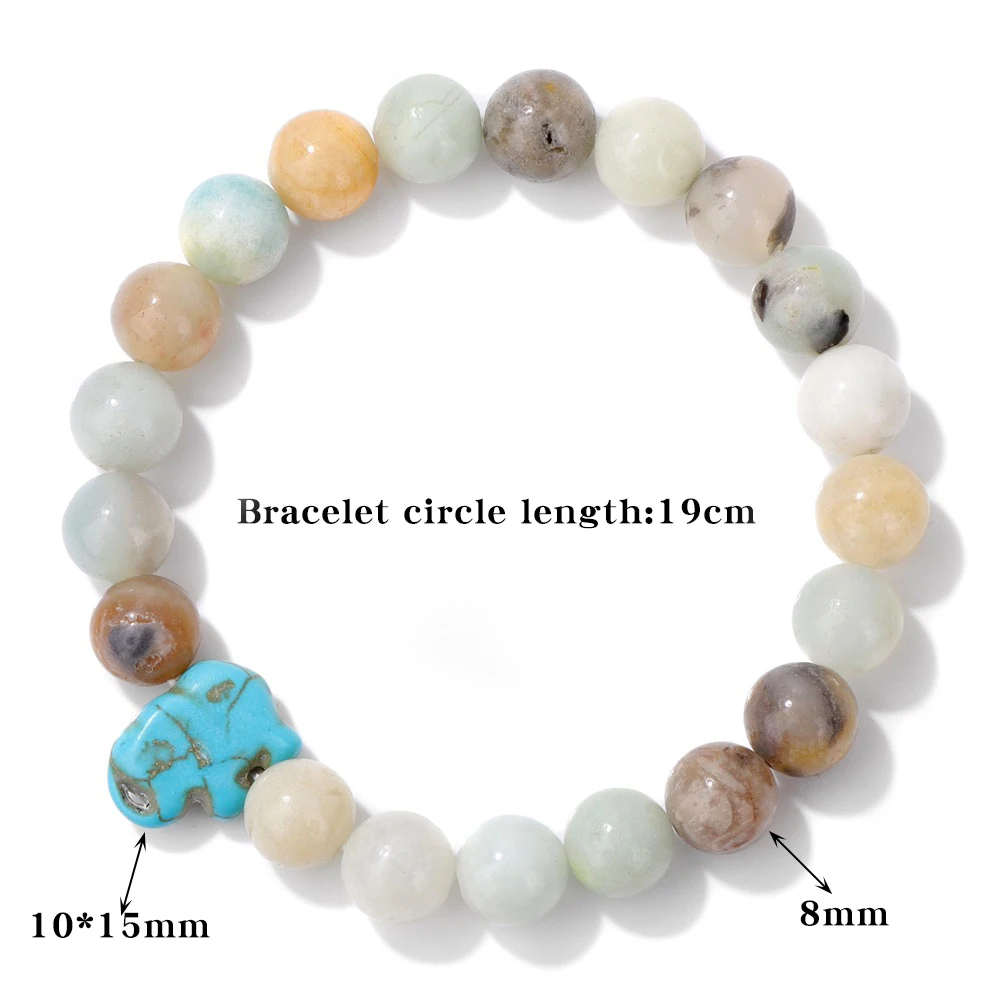 Blue Turquois Elephant Charm Bracelet Natural Pink Quartzs Amazonite Stone Bead Bracelet Cute Animal Elephant Charm Bangle Gift view 5