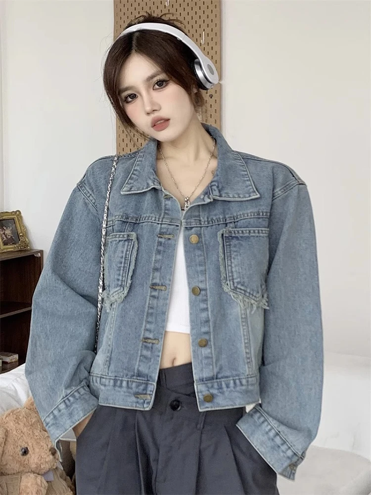 

Vintage Washed Blue Denim Coat For Women Casual Loose Turn Down Collar Short Outerwear Long Sleeve Single Breasted Jacket Tops