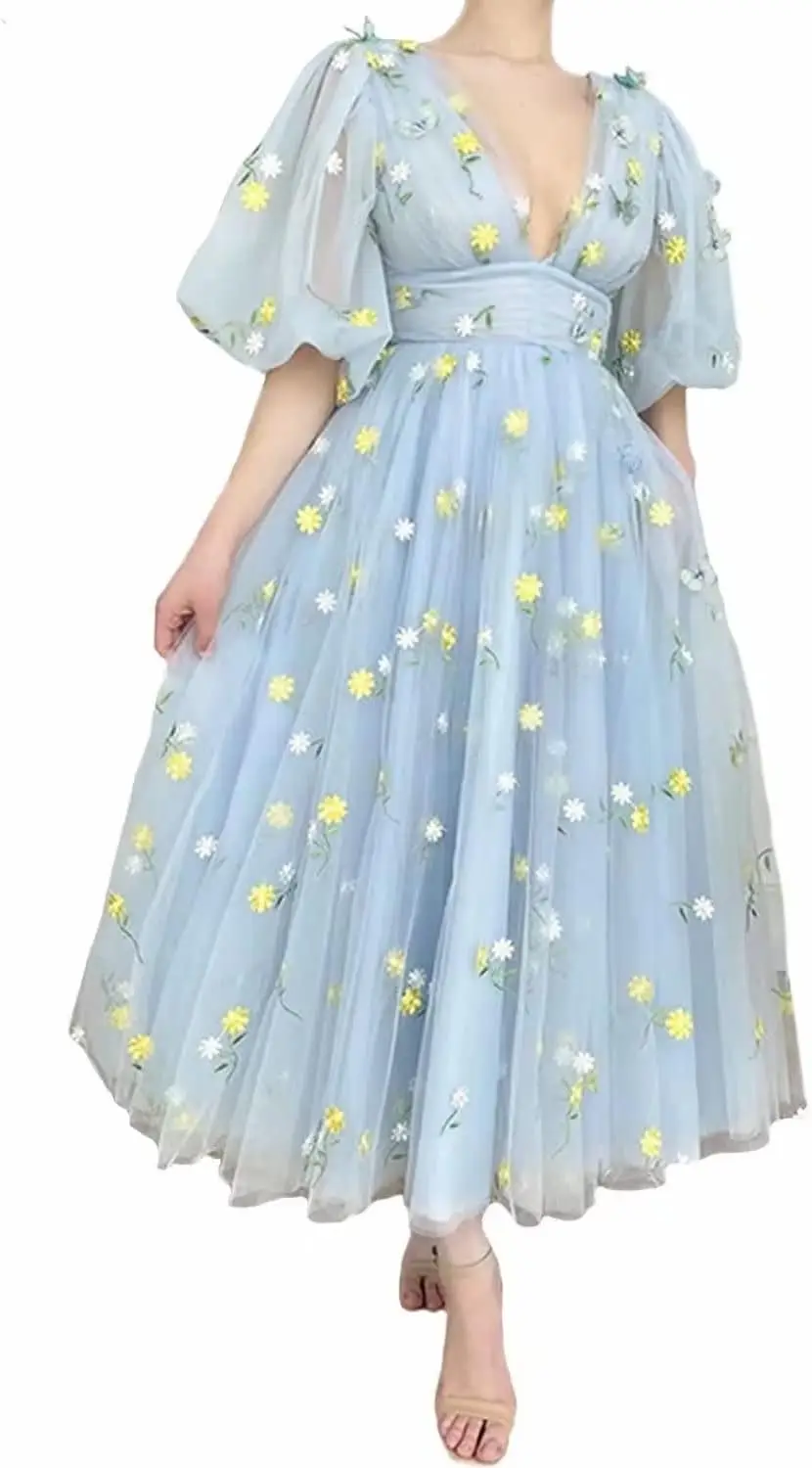 

Women's Blue Flower Embroidery Puffy Sleeve Prom Dresses Short Floral Tulle Formal Evening Party Gowns Evening Luxury Dress