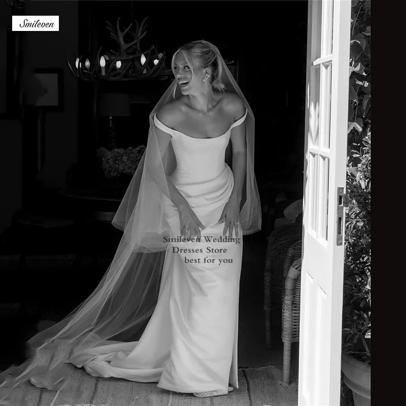 

Smileven Satin Mermaid Wedding Dress Boat Neck Bride Dresses Vestido de novia Pleats Wedding Gowns Customized