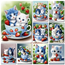 Full Mosaic Diamond Painting 2024 New Tea Cup Cat Strawberry Diamond Embroidery Cute Animals DIY 5D Cross Stitch Kits Home Decor