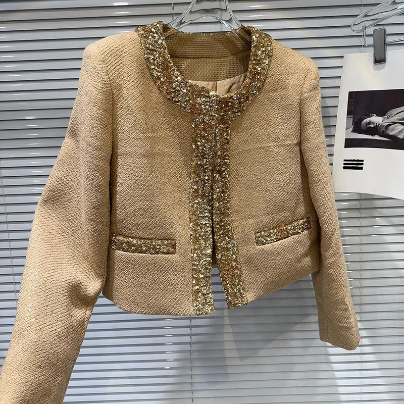 2025 Autumn New Small Fragrant Style Gold Glitter Edge Coarse Floral Cloth Light Luxury Celebrity Short Coat for Women