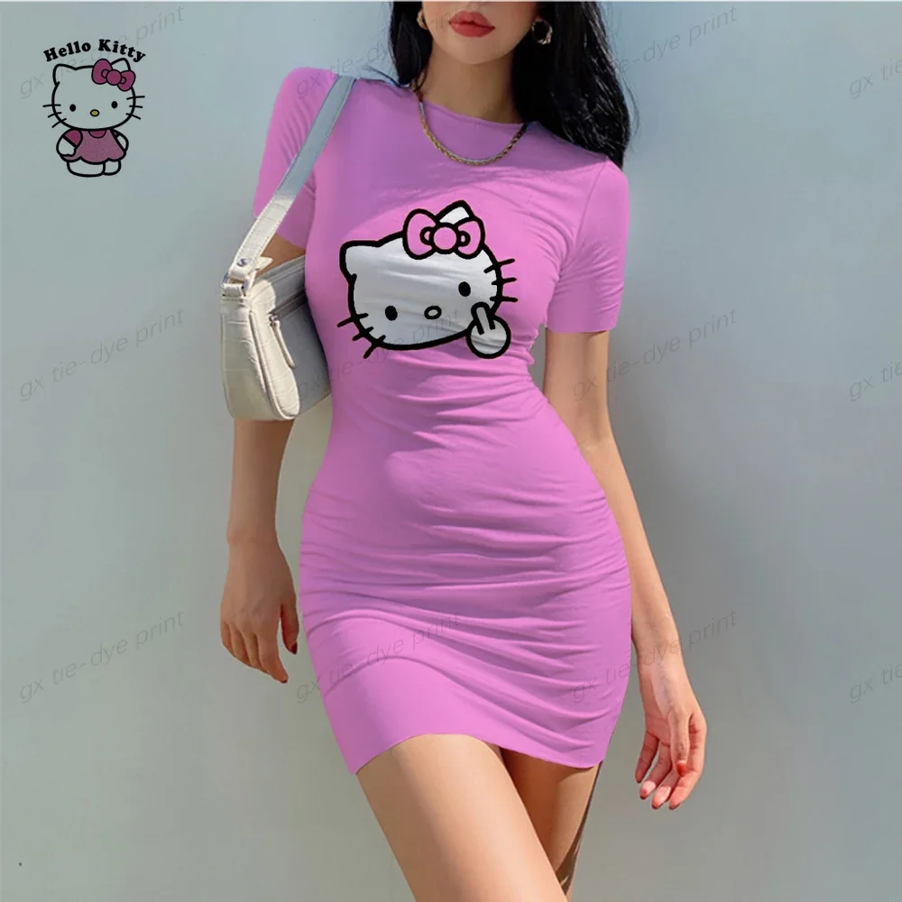 2024 Nieuwe Zomer Dames Ronde Hals Korte Mouw Bodycon Slanke Jurk Jurken Hello Kitty Digital Print Sexy Tas Heupjurk