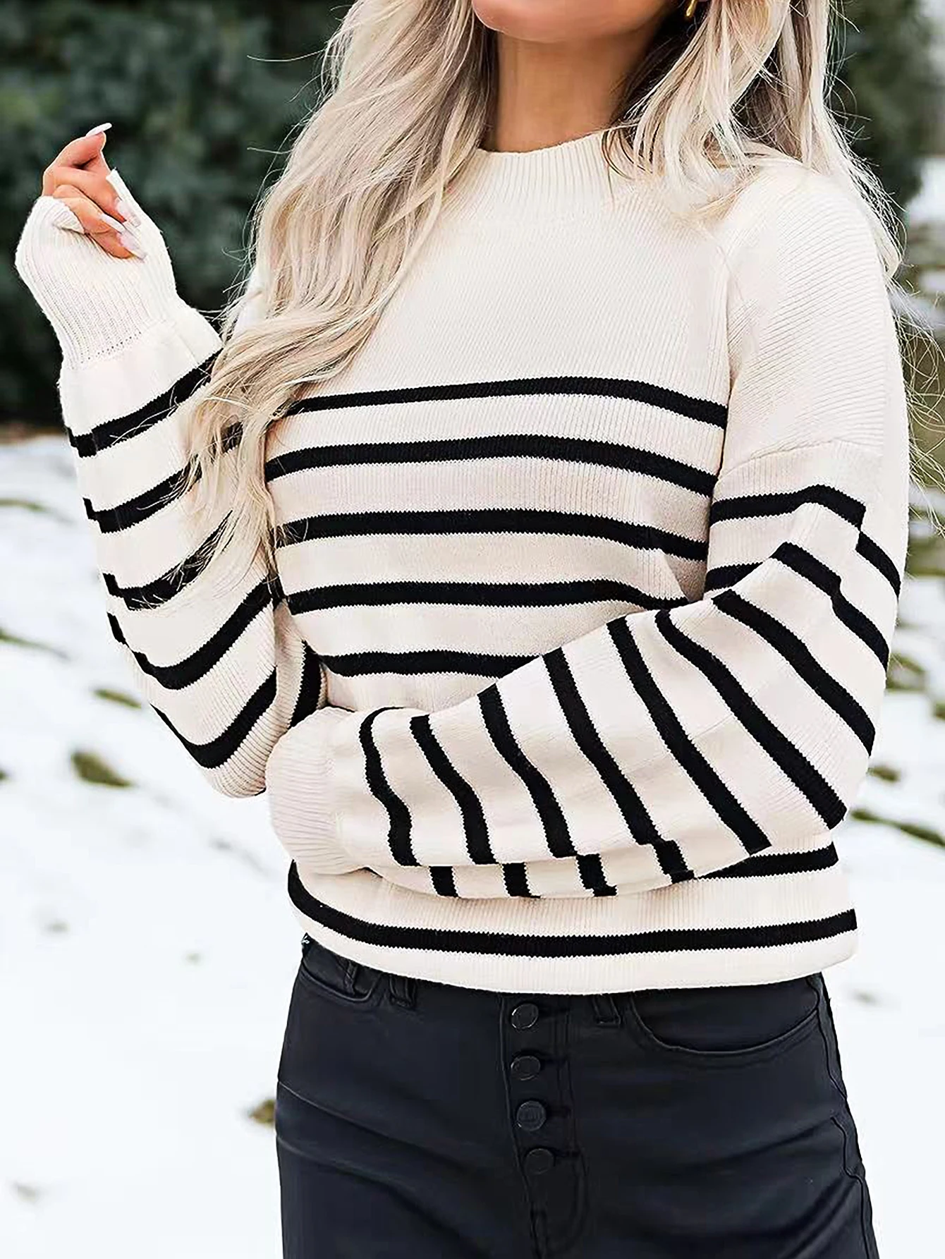 Sumachi spring Korean long sleeve T-shirt women\'s stripes with loose round neck long sleeve stitching pure cotton knitted jacket