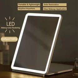 Espejos de maquillaje LED plegables portátiles, espejo de tocador con pantalla táctil, tres colores, modos de luz, espejo de tocador de viaje