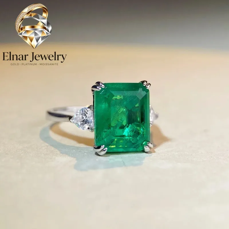 

Elnar Jewelry Luxury Solid Platinum PT950 Women's Emerald Diamond Ring with Cotton Band Cracked Moissanite Diamond Ring