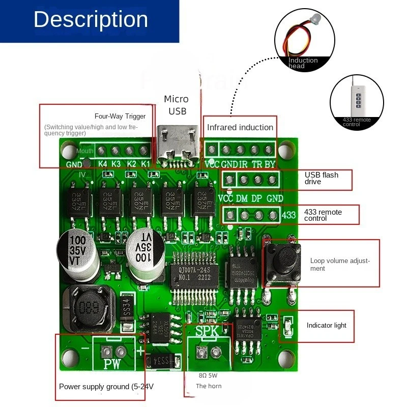 Voice module chip serial port control trigger broadcast combination play wide voltage 5 v and 24 v multiplex trigger player