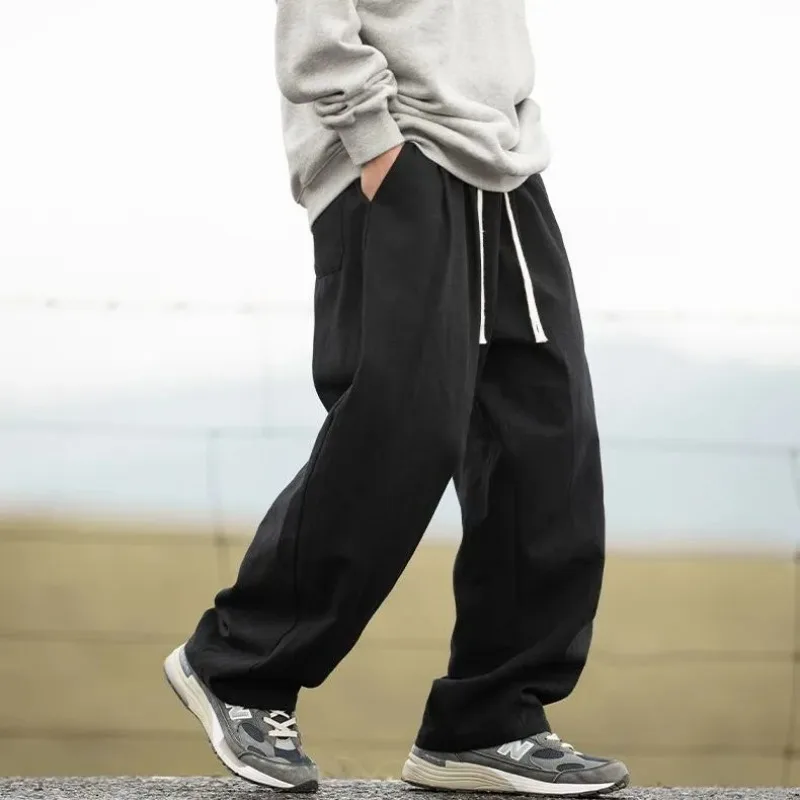 

Mountain Style Solid Cotton Trousers Spring Autumn Pure Retro Drape Straight Casual Pants Loose Slim for Men