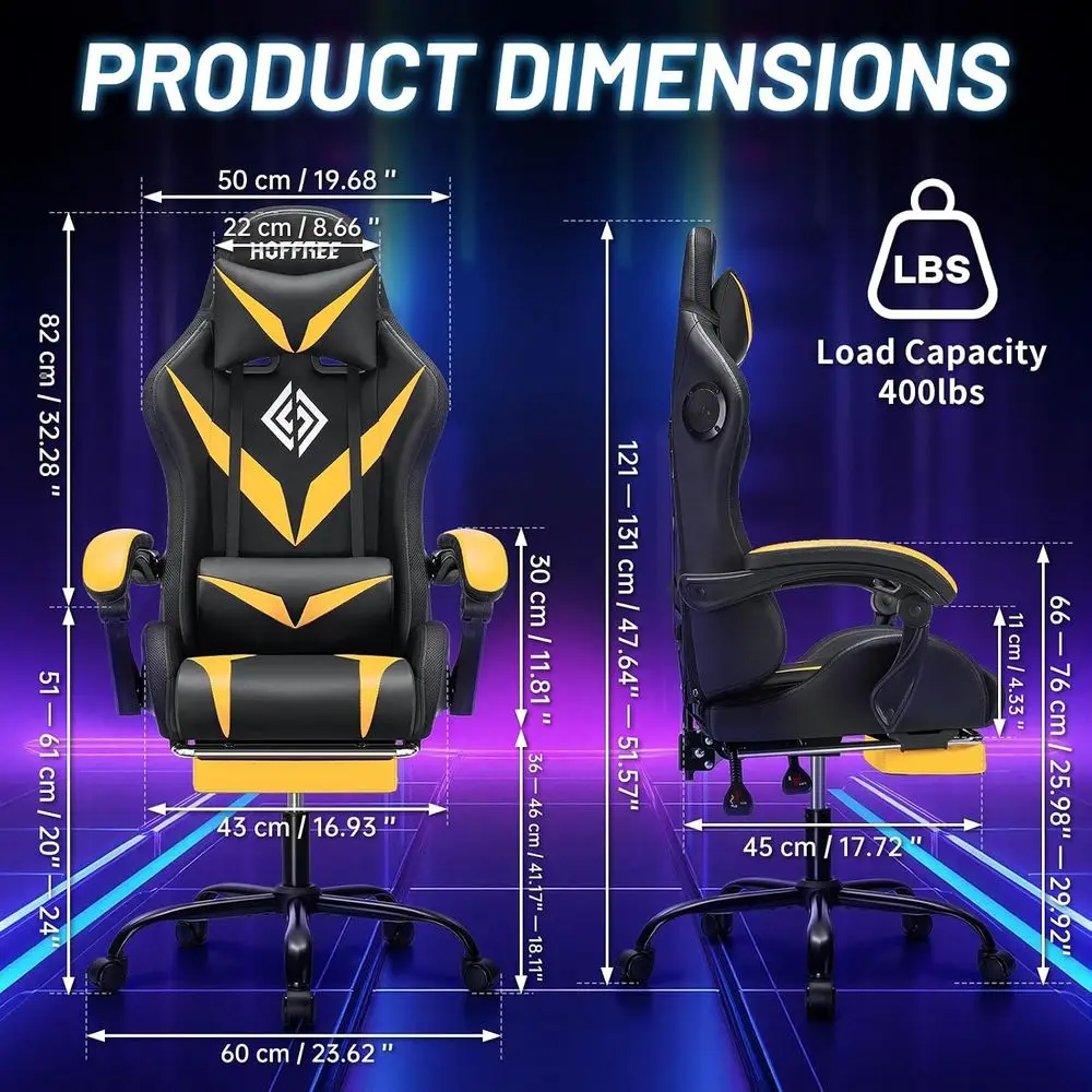 LED Gaming Chair with Speakers RGB Lights Massage Computer Chairs-Yellow | Bluetooth Game Chairs or Adults;Ergonomic High Back V