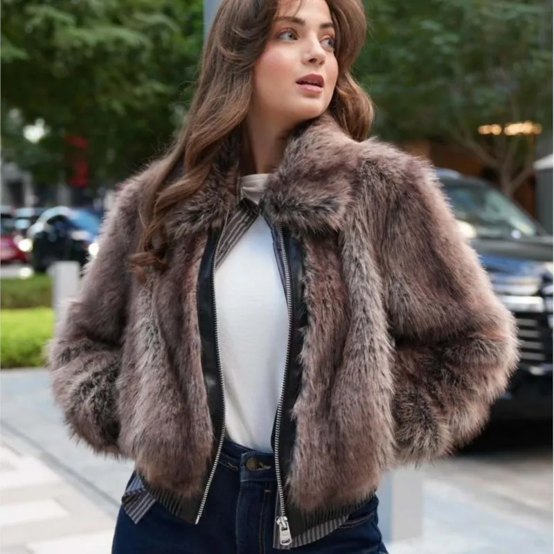 

Зима 2025 г. женская корейская куртка в стиле ретро с пиковыми лацканами и длинными рукавами из искусственного меха в стиле пэчворк, морозостойкая плюшевая верхняя одежда, пальто
