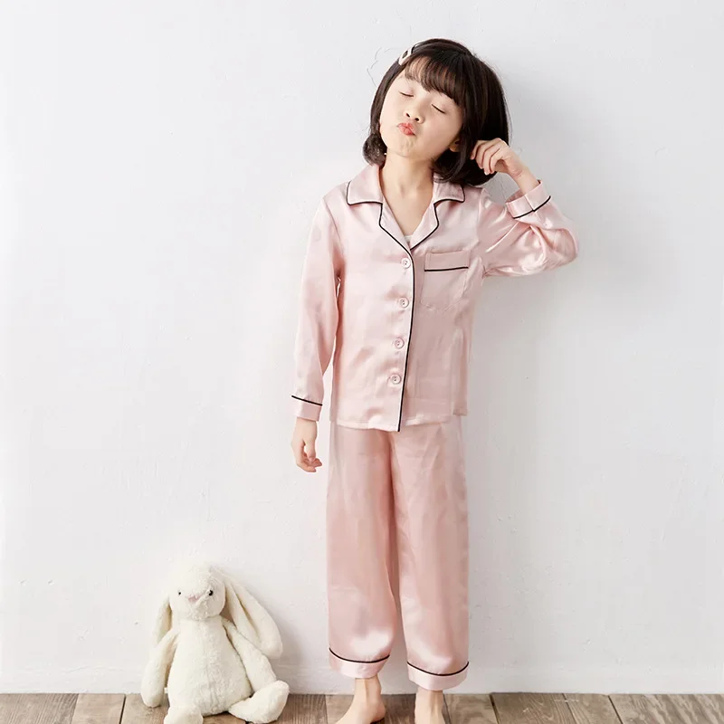 100% Mulberry Silk Children's Pajama Set Long-sleeved Kids Two-piece Pajamas Set 19MM Heavy Silk Pajamas for Boys Girls 150cm