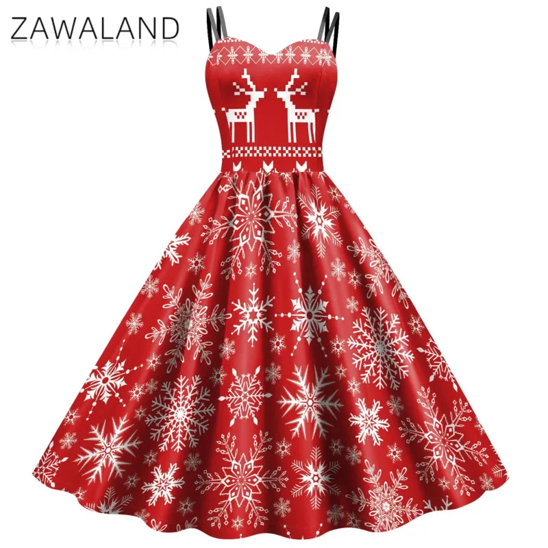 Vestido de mujer rojo Navidad vacaciones fiesta Slip vestidos copo de nieve alce estampado paños mujeres Sexy Cosplay OutFit vestido Rockable MS15185