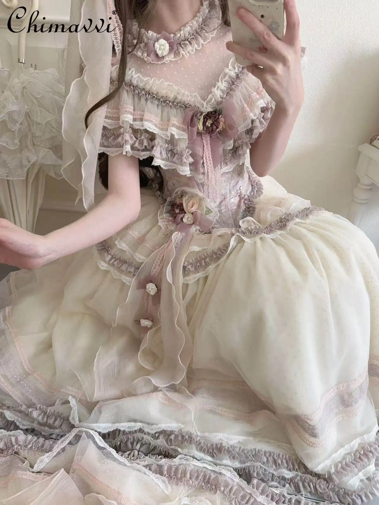 

Original Fairy Princess Dress Set New Spring-summer Sweet Lace Slim-fit Top High-waisted Skirt Elegant Lolita Two-piece Set