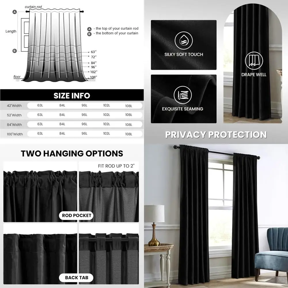 

Черные бархатные шторы с термоизоляцией, длина 52, ширина x 96, дизайн задней панели для гостиной и спальни