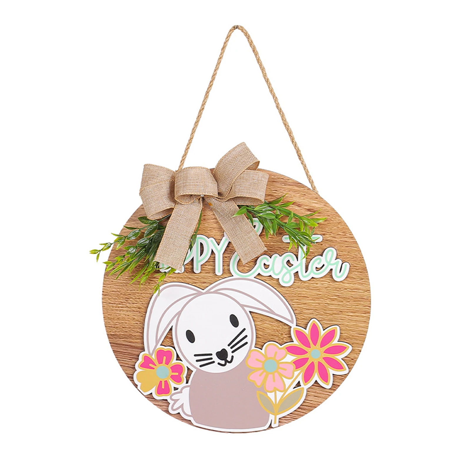 Happy Easter Wooden Board Sign Decoration Round Bow Rabbit Easter Welcome Door Decor Home Yard Spring Easter Wall Decorative