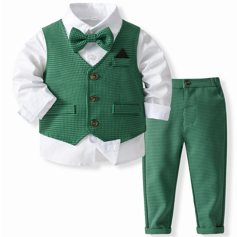 

4PCS Sets Fall Baby Boy Luxury Clothes Korean Fashion Gentleman Plaid Vest+Tops+Pants+Tie Kids Clothing Birthday Outfit BC1905-1