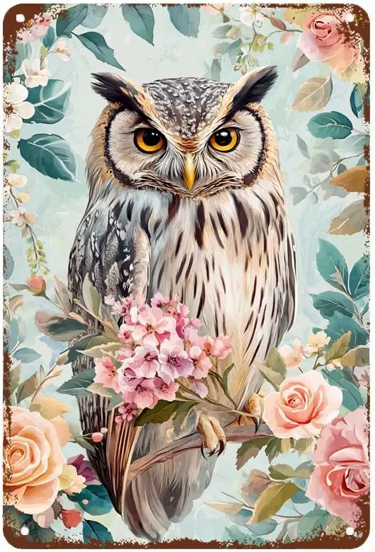 

Beautiful Owl with A Flower in Its Mouth Tin Sign Vintage Wall Poster Retro Iron Painting Metal Plaque Sheet for Bar Cafe Garage