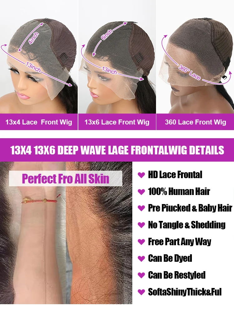 40 46 inch Deep Wave Frontal Wig 13x6 360 HD Lace Frontal Wigs For Women Brazilian Water Wave Curly Human Hair Wig 250 Density