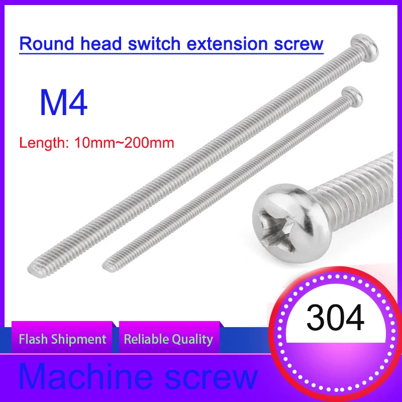 M4 Extra‑Long Full‑Thread Round Head Screws, Stainless Steel Fasteners for Switch Box & Panel Mounting
