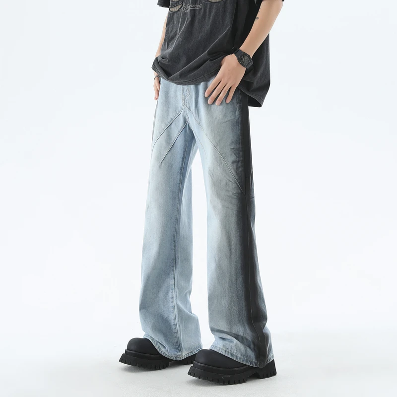 

American Style Men's Casual Denim Pants Worn-out Gradient Color Wide Leg Loose Deconstruction Male Jeans Personalized