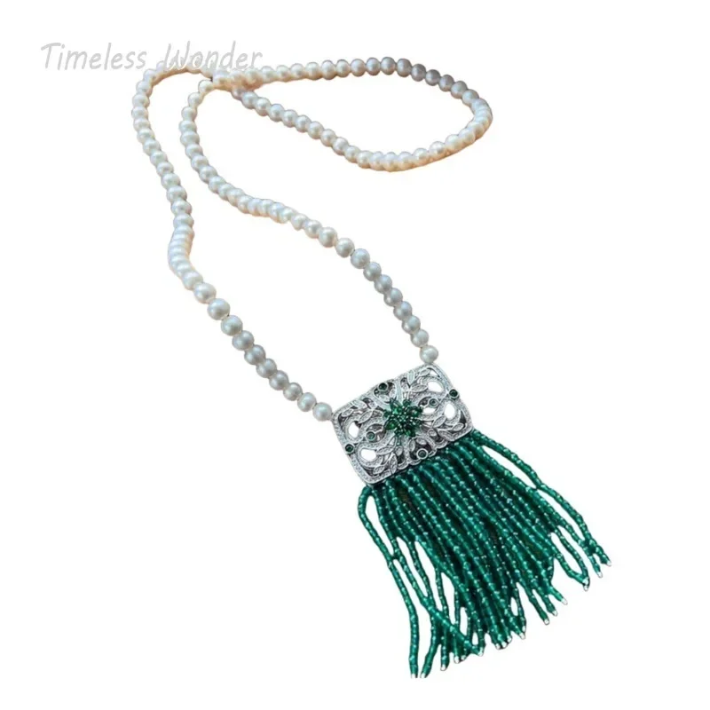 Timeless Wonder Fancy Zircon Glass Beaded Tassel Pendant Necklaces for Women Designer Jewelry Runway Top Luxury Rare Trendy 5623