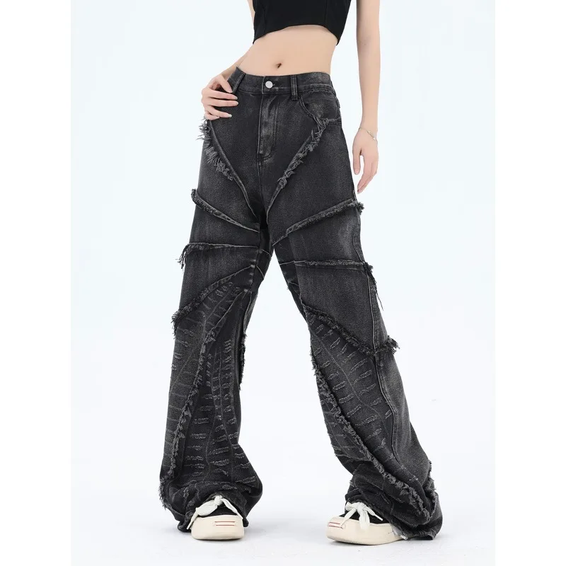 Deeptown Black Vintage Women\'s Jeans Y2k Streetwear Oversized Stacked Denim Pants Gothic Designer Korean Fashion Trousers Acubi