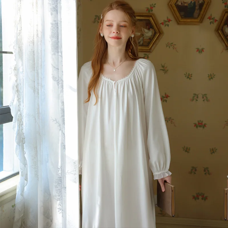 Women Autumn Full Sleeves Cotton Sleepwear Simple Round Neck Plus Size Nightdress Long Mid-Calf Loose Nightie Casual Home Dress