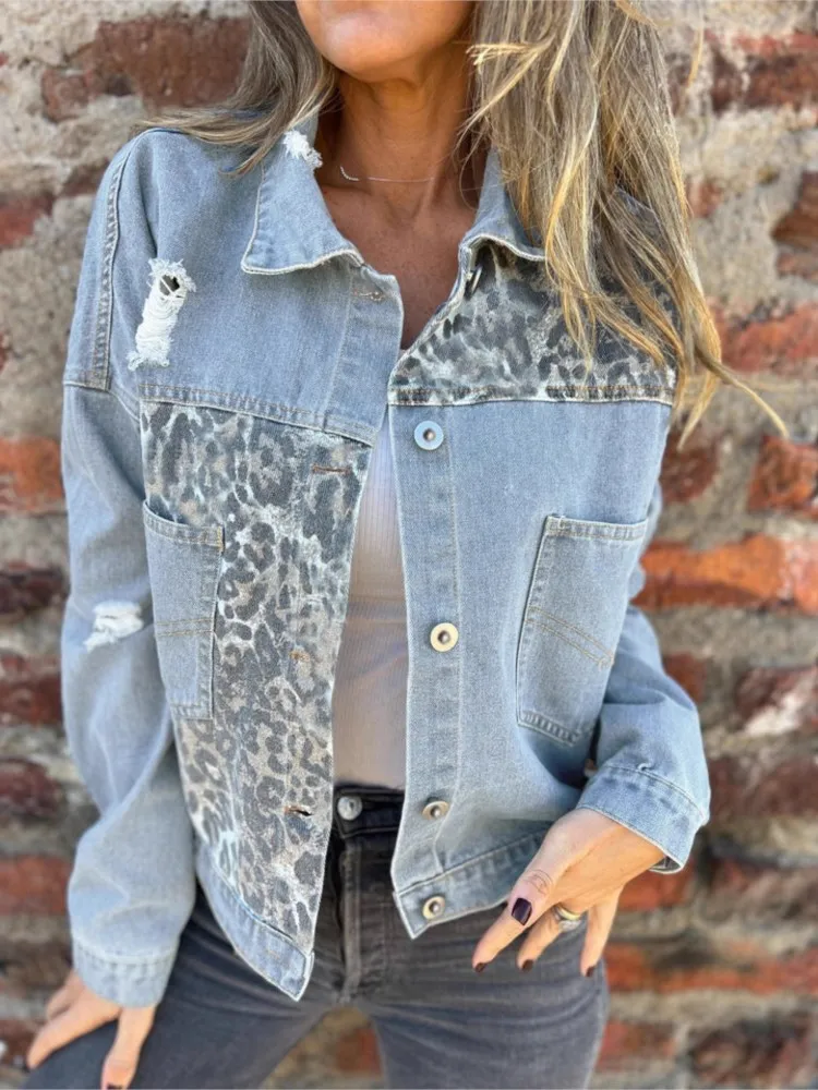 

Women Leopard Print Button Denim Jacket Coats 2025 Autumn Winter Lapel Long Sleeve Pockets Denim Coat Female Overcoat Streetwear