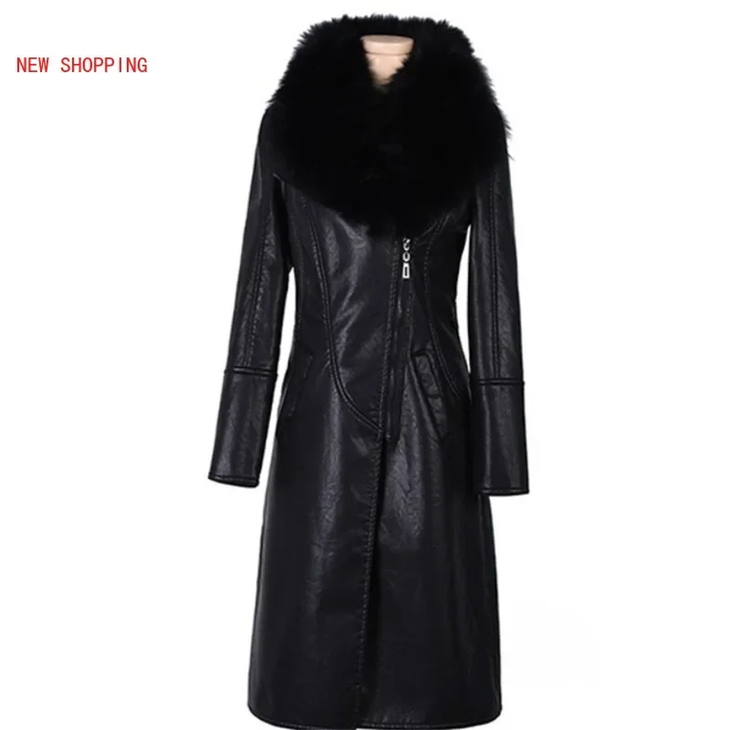 Winter PU Leather Faux Fur Women Long Coat Belt Casual Plus Size 5XL Slim Coat Black Faux Fur Collar Jacket Coat Warm Velvet