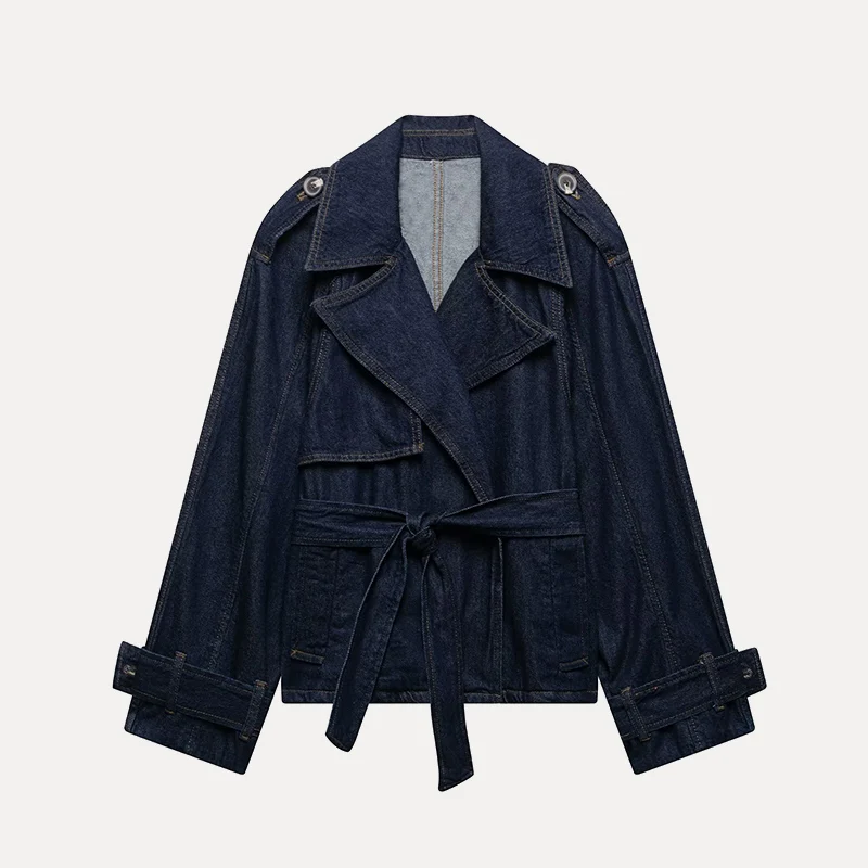 

Spring 2025 Women's Street Sle ort Coat Denim Design Wide Version Blue Belt Casual Faion Polyester Fiber 00%