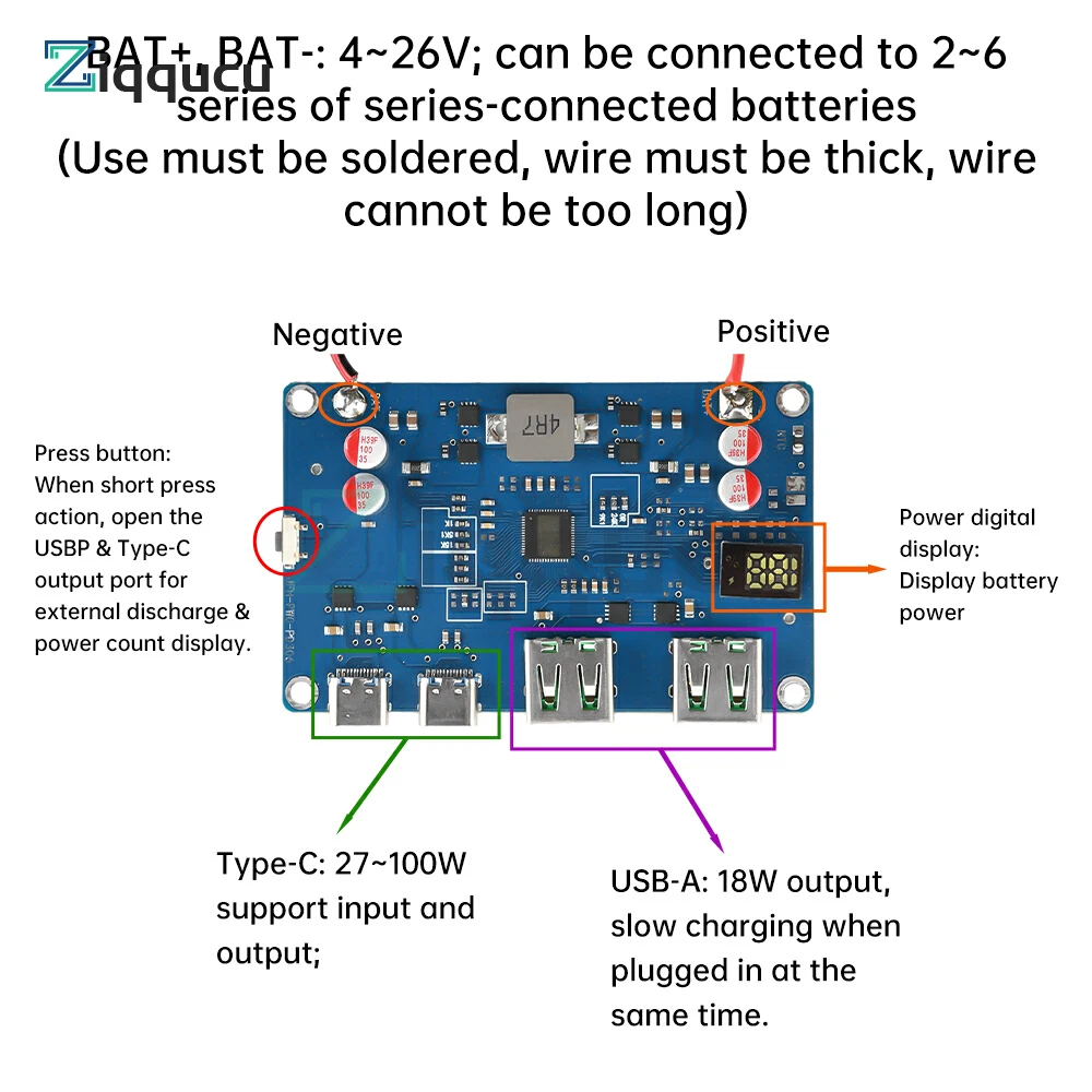 100W 2S-6S PD QC Bidirectional Fast Charging Module DIY Mobile Power 2-6S Lithium Battery Protection Motherboard - Image 3