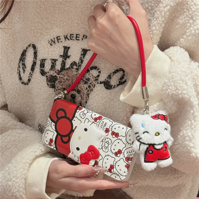 Flip leather case with pendant 3D doll Hello Kitty Sanrio Phone Soft Case for IPhone 13 14 15 16 Pro Y2k Girl Phone Case Cover