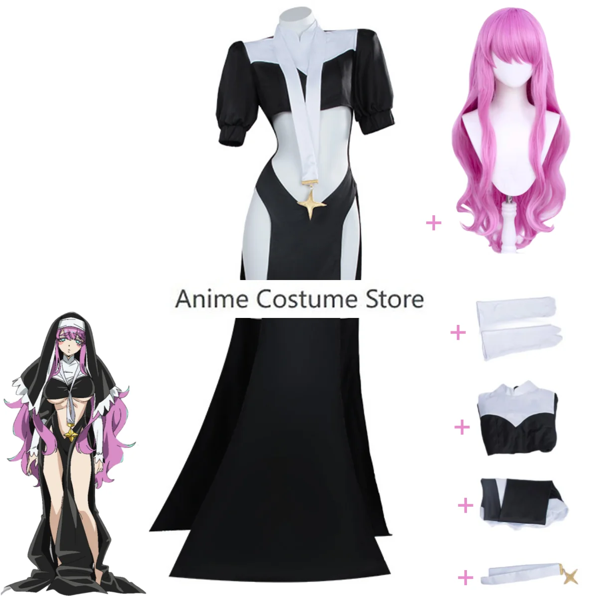 Anime sprudelt über magische Mädchen Ich bewundere magische Mädchen Nonne Tengeiji heilige Cosplay Kostüm schwarz Gabel Kleid Perücke Frau sexy Set