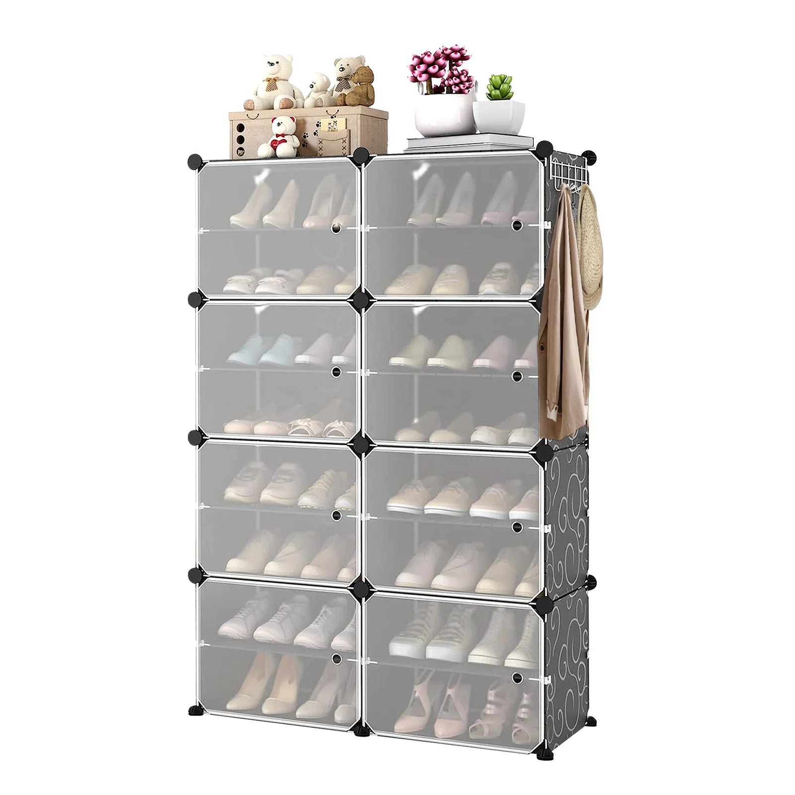 Schuhregal mit 8 Fächern, Aufbewahrungsregal, mit Tür, Stahlrahmen, Kunststoffplatten, 83 x 32 x 126 cm, schwarz/weiß