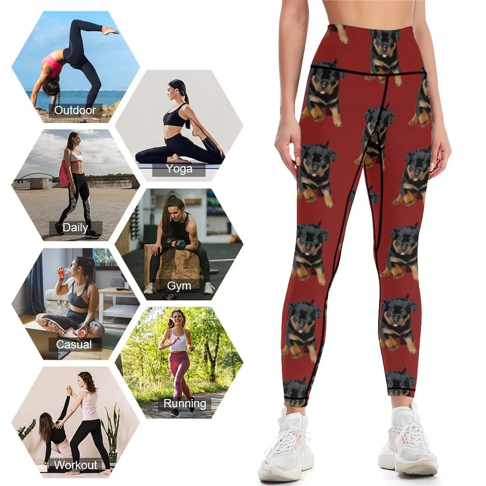 Lindo cachorro Rottweiler corriendo con lengua hacia fuera Leggings ropa deportiva de gimnasio pantalones de mujer medias push up para mujer Leggings