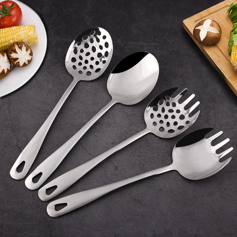 304 Stainless Steel Long Handle Public Hole Spoon Serving Fork Salad Household Tablespoons Cutlery Dinnerware Kitchen