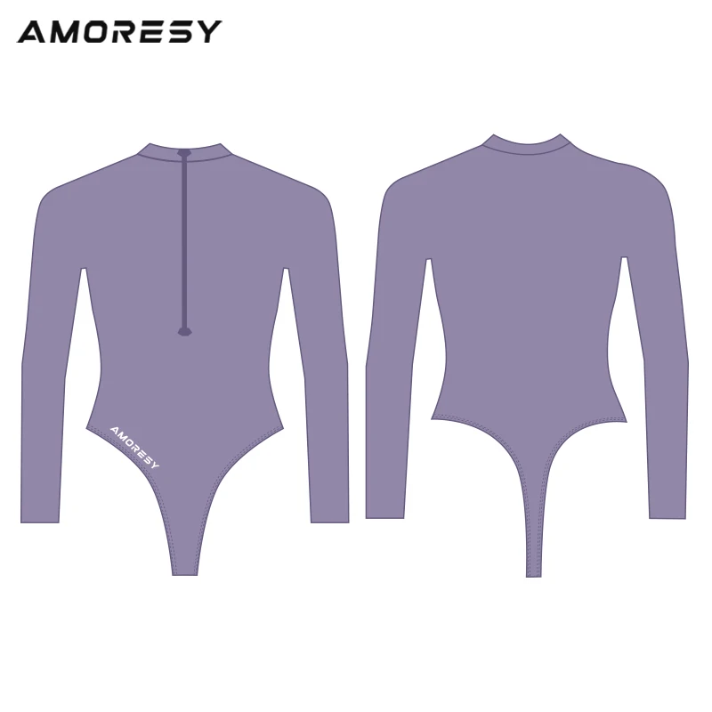 AMORESY Solara Collection Skinny Long Sleeve Solid Color Spandex Ultra High Leg Thong Swimsuit Bodysuit