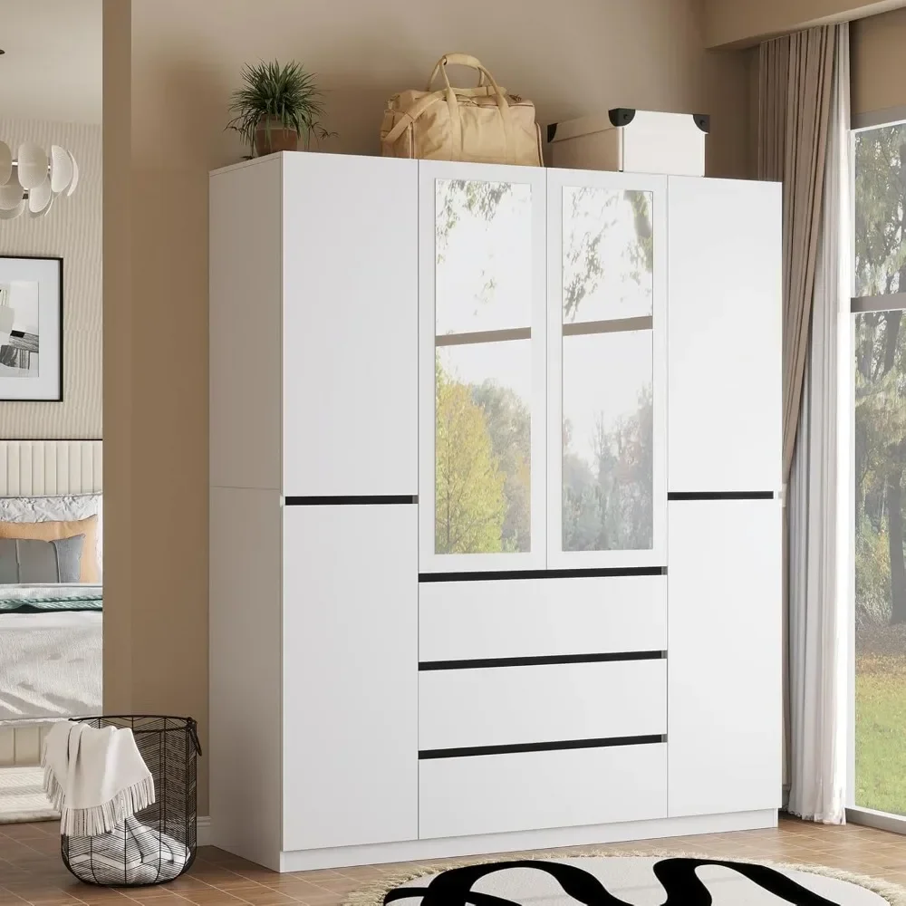 6-door armrest wardrobe with 3 large drawers and 2 mirrors, wooden bedroom armrest with shelves and hangers