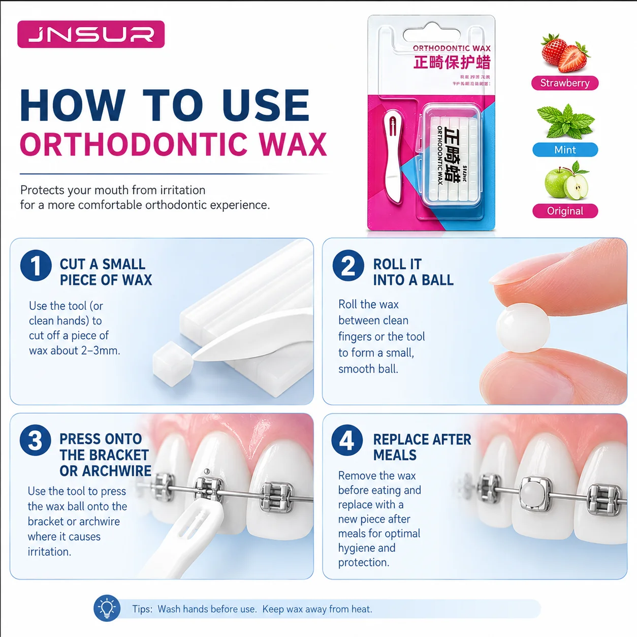 JNSUR Orthodontic Wax for Braces 3 Flavors Original Strawberry Mint Dental Protective Wax Soft Easy to Shape Oral Care with Appl