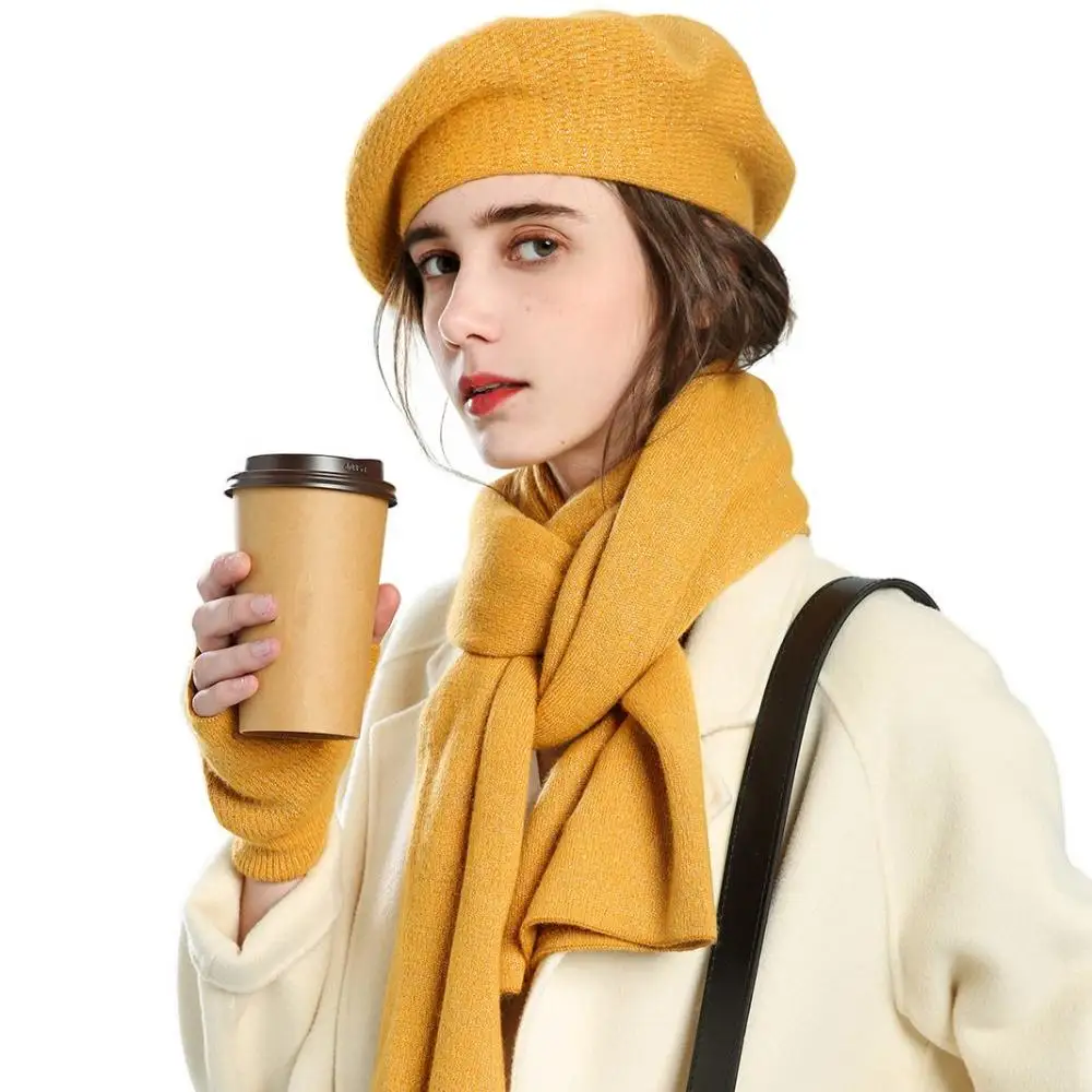 3pcs/set Warm Winter Cashmere Women Autumn Wool Half  Gloves Painter Hat Berets Hats Scarf Gloves Set