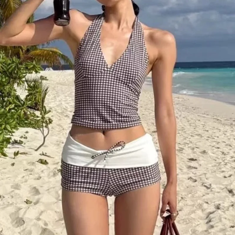 

Deep V Tops Mini Patchwork Contrasting Shorts Plaid Swimsuit Two Piece Set For Women Summer Sexy Swimming Sports Beach Bikini