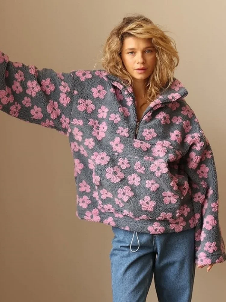 Wmstar Pullovers Women Winter  Clothes New Fashion Faux Lambskin Printed Loose Zipper Hoodie Long Sleeved Top New Style