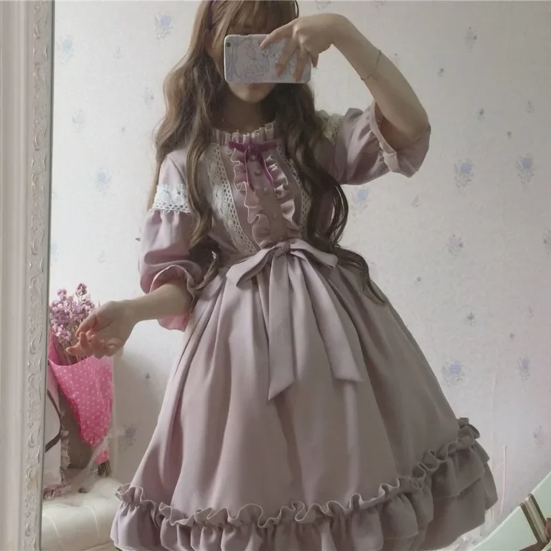 

Японские милые кружевные платья Лолиты, новинка 2025, платье с рукавами-фонариками для женщин, весна-лето, с коротким рукавом, Vestidos Mujer